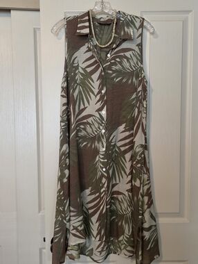 Mlle Gabrielle Lightweight Sleeveless Dress Palm Leaf Design Sz L With Necklace
